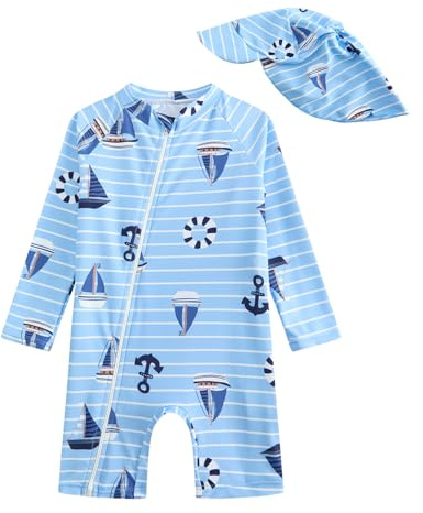 DivingBirds Baby Boys One-piece Swimming Costume, Toddler Boys Swimsuit Length Zipper Long Sleeve Light Blue for 12-18M