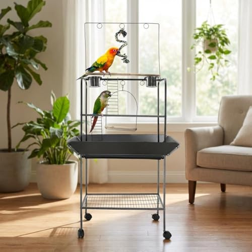 Small Parrot Playstand, Bird Playground with Black Hammertone Finish, Parrot Stand with Feeder Cup Swing Climb Ladder and Tray, Bird Play Stand for Small Middle Parakeets Budgie Lovebirds 82x70x159cm