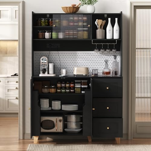Buffet Haut De Cuisine Avec Prises électriques Et Panneau Perforé, Meuble De Rangement, Garde-Manger, Meuble Bar Avec Casier à Verres à Vin, Tiroirs, étagères Réglables Pour La Salle à Manger, Noir