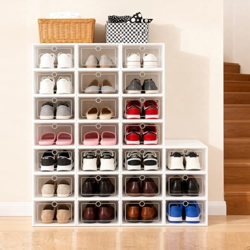 KumuJ 24 Piezas Cajas de Zapatos Transparentes Blancas, Caja de Plástico para Zapatos, Caja de Almacenamiento Apilable, Organizador de Zapatos Plegable de Plástico, para Zapatos, Libros (33x23x14cm)
