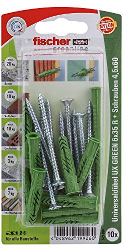 fischer 524801 6x35 R S K, Inhalt Universaldübel UX Green 6 x 35 R (mit Rand), 10 x Spanplattenschraube 4,5 x 60, Mehrfarbig