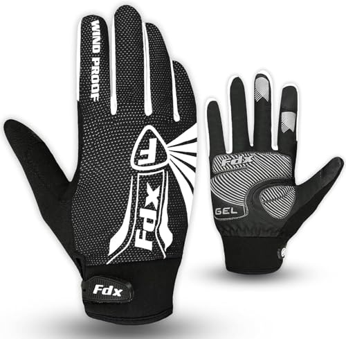 FDX Full Finger Winter Cycling Gloves, Thermal Warm, Water Resistant, Windproof, Anti- Shocking Gel Padded Palms, Touchscreen, Breathable Anti-Slip Men Women MTB, Racing, Riding, Running, (White L)
