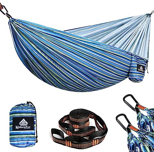 NATUREFUN Ultraleichte Reise Camping Hängematte | 300 kg Tragkraft (275 x140 cm),Atmungsaktiv,Schnelltrocknendes Hängematten |2 x Premium Karabiner,2 x Schlingen Inbegriffen | Draußen Drinnen Garten