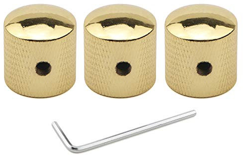 Unxuey 3 Stück Lautstärkeregler knöpfe, goldfarben, Metall, gewölbt, gerändelter Schaft, Potentiometer mit Schlüssel, Schrauben-Set für E-Gitarre oder Bass