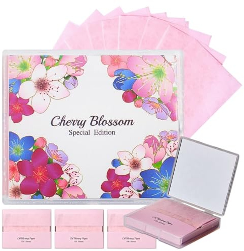 [400 Counts + Mirror Case] Cherry Blossom Natural Oil Blotting Paper for Face with Mirror Compact and Refills