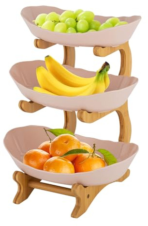 SHZICMY Fruktkorg, keramik, 3 våningar, fruktskål, frukt, våningar, serveringsbricka, tre keramiska tallrikar, avtagbara med naturligt bambustativ, för frukt, nötter, snacks (brun)