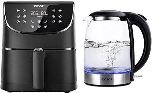 COSORI Heißluftfritteuse 5,5L XXL Friteuse Heissluft Fritteusen+COSORI Wasserkocher Glas mit Upgrade Edelstahl Filter und Innendeckel, BPA Frei