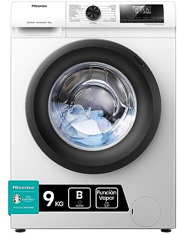 Hisense WFQP901418VM - Lavadora con Vapor, Carga Frontal 9 Kg Lavado, 1400 rpm, Sistema Antibalanceo, Puerta XL, Gran Display LED, Blanco