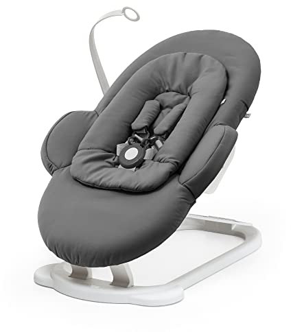 Stokke Steps Wippe, Herringbone Grey/Gestell in White - Für Babys von 0-6 Monaten - Ermöglicht selbstständiges Hüpfen und weiche Wiegebewegungen - Allein oder mit Stokke Steps Stuhl verwenden