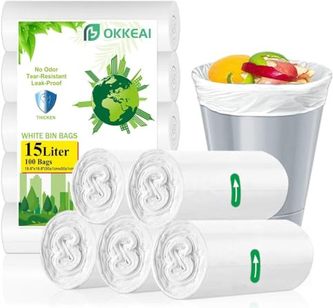 OKKEAI White Bin Bags 15l Waste Paper Bin Liners Pedal 100 Counts Small Plastic Rubbish/Trash/Garbage Bags for Bathroom,Kitchen,Toilet,Office
