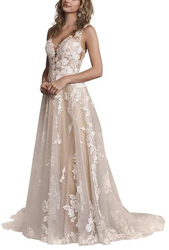 JAEDEN Brautkleider Hochzeitskleider Standesamt Damen Spitzen Lang Glitzer V-Ausschnitt Trauung Kleid Ärmellos Champagner 42