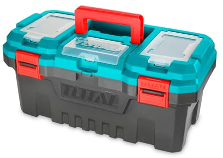 TOTAL - Organizer per Attrezzi 20 kg - Scatola in Plastica con Vassoio Estraibile e Coperchio Superiore - 3 Aree di Stoccaggio e Funzione Scala - Dimensioni 508x296x261 mm