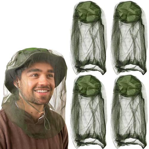 4 Pack Mosquito Head Net Mesh Hat, Mosquito Net, Garden Bug Face Shield Insect Repellent Net Head Mosquito Net, Insect Mesh Face Covering for Hiking Camping Fishing Bug Bee Keeper Gardening, Green