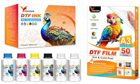 Yitentek DTF Ink & Film Set - 1500ML No Sediment DTF Transfer Ink for PET Film DTF Transfer Film A3 (11.7 x 16.5) 50 Sheets, Double Sided Matte Clear PreTreat Sheets