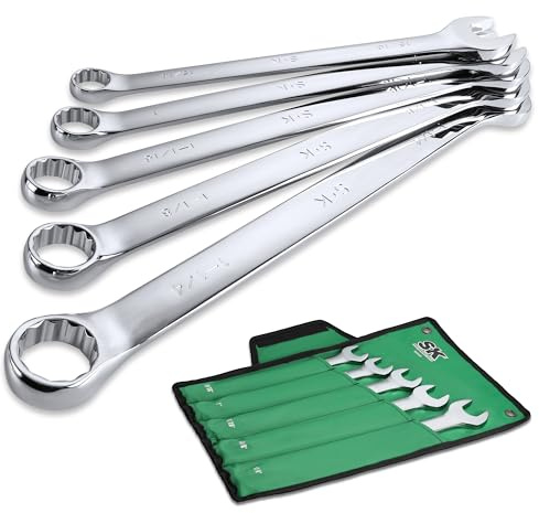 SK Long Pattern Combination Wrench Set, SAE 15/16 to 1-1/4, 5-Piece, SuperKrome Finish, Premium CR-V Construction, with Rolling Pouch