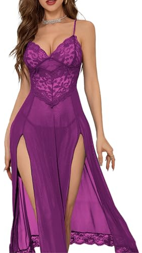Bunanphy Women Lace Babydoll Soft Mesh Chemise Lingerie Sexy V Neck Nightgown Sleepwear Lingerie Set #B Purple Large