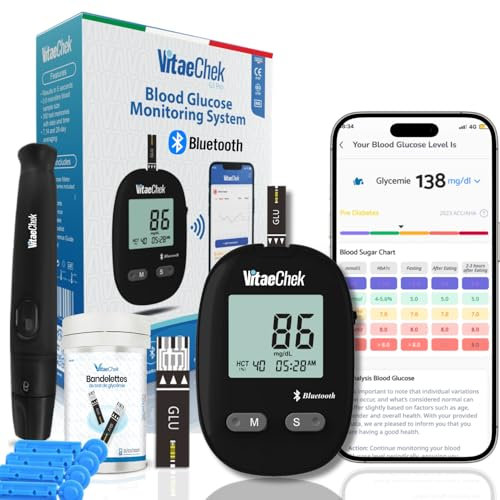 VitaeChek G1 Pro misuratore glicemia bluetooth, Glucometro con 50 strisce GDH-FAD e 50 lancette, misura glicemia rapida e precisa, facile da usare, ideale per diabete tipo 1, 2 e gestazionale, mg/dL