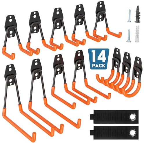 BONTEC Ganchos De Garaje Pesados, Set 14 Ganchos Antideslizantes, Acero Reforzado, Carga 402 KG, U y J, Soporte Bicicleta, Organizador Herramientas, Colgador Pared Multiusos, Naranja