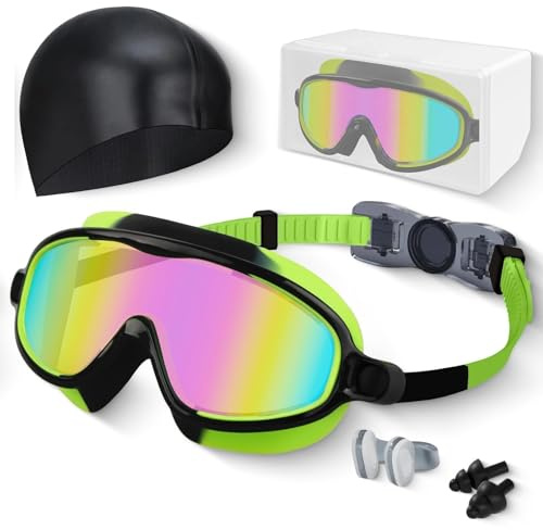Hurdilen Kids Swimming Goggles, Anti-fog, UV Protection and Wide View with Swim Cap for Age 3-15 Youth Boys Girls Toddler