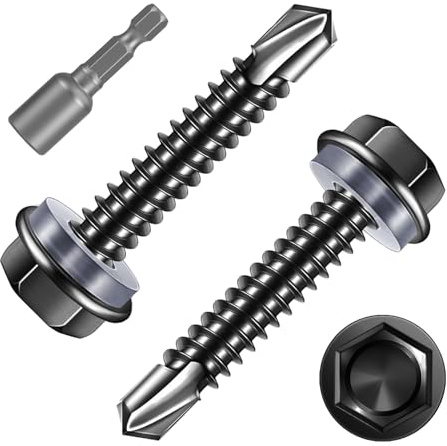 FandWay 60 Pièces Vis Autoforeuse Metal Noir,M4,8x32mm Vis à Tôle Autotaraudese à Tete Hexagonale avec Rondelle et Autoperceuse Autoperforante Inox 410 avec 1 Bits pour Aluminium Bois Plastique.