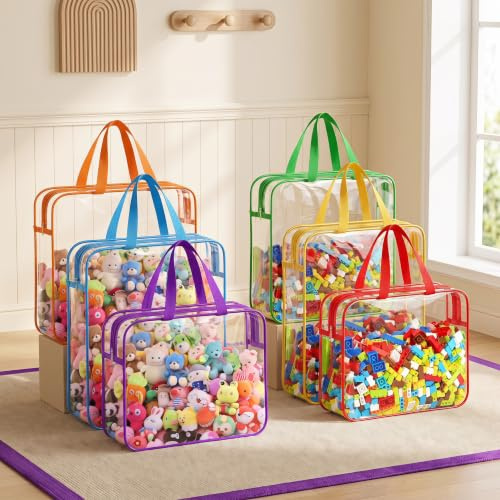 6 Pack Clear Toy Storage Bags with Handles, PVC Zipper Kids Organiser Bags