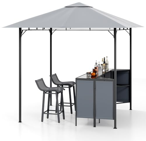 COSTWAY Mueble Bar Exterior de 3 Piezas, 2,45 x 2,45m, Cenador de Barbacoa de Doble Piso, 2 Taburetes de Bar, Mesa de Bar de Vidrio Templado, Estante de Almacenaje