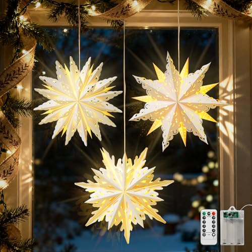 Luxspire Christmas Paper Star Lantern, 45cm Hanging Paper Stars Decorations with String Lights & Remote Control, 3 Pack Foldable Papers Lantern Lights for Christmas Holiday Party