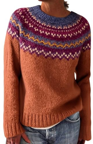 Generisk vinter norsk tröja för kvinnor långärmad elegant stickad tröja varm bomull vintertröja vintage etniskt mönster stickad tröja långärmad tröja casual grovstickad tröja damer