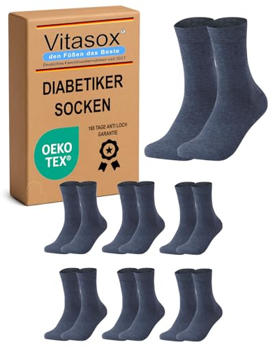 Vitasox 31122 Chaussettes diabetiques pour homme, 6 paires bleu jeans 43/46, extra-larges en coton, chaussettes médicales sensibles sans élastique sans couture