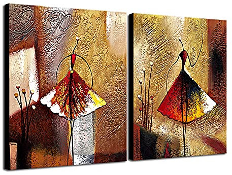 Wieco Art - Stampe da parete, motivo ballerine, 2 pezzi, 100% dipinte a mano, arte astratta contemporanea, pittura ad olio, decorazioni da parete su tela, pronte da appendere per decorare casa, Tela, Multi, 20x24inchx2pcs (50x60cmx2pcs)