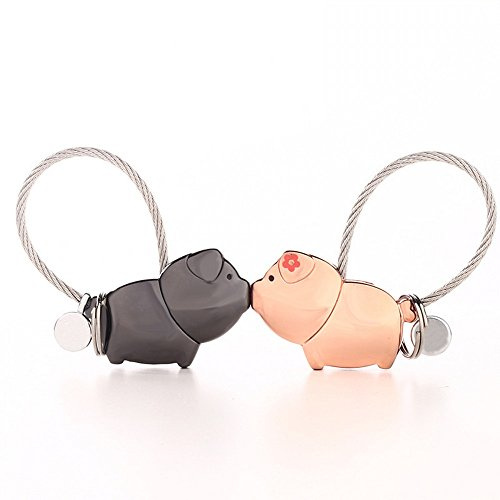 DOJoykey - Llavero para amantes, 1 par de colgantes de cerdo con boca magnética, regalo dulce para San Valentín, Navidad, boda, aleación de zinc (negro brillante + oro rosa)