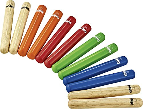 Nino Percussion Wood Claves Instrumente - 6 Paar Klanghölzer Set für Kinder ab 3 Jahren - Musikinstrument - Siam Eiche, Mehrfarbig (NINO502-MC)