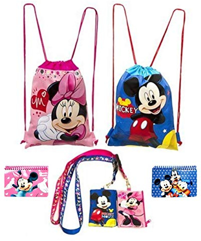 Disney Mickey and Minnie Mouse Drawstring Backpacks Plus Lanyards with Detachable Coin Purse and Autograph Books (Set of 6) (Pink - Dark Blue)