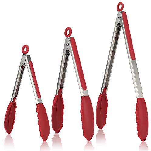 U-Taste 315℃ Heat Resistant Kitchen Tongs Set of 3, 18/8 Stainless Steel Grill Food Tongs with Non-Stick Silicone Tips & Handles for Cooking, BBQ, 18/23/30 cm (Red)