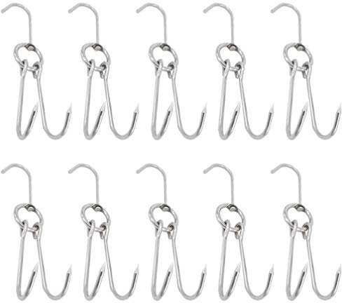 DOITOOL 10 Pcs Double Meat Hooks Stainless Steel Roasting Hook Bacon Hams Meat Duck Butcher Hook Cooking Smoker Hook Hanger for BBQ Grill Drying 23CM