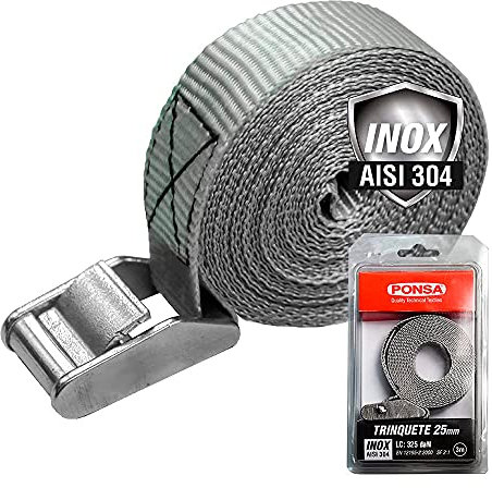 PONSA T25 INOX – Zurrgurte mit Klemmschloss aus Edelstahl – Befestigungsriemen 3 M x 25mm - Nicht rostender Spanngurte - Real Break 650 kg (in Bügelform)