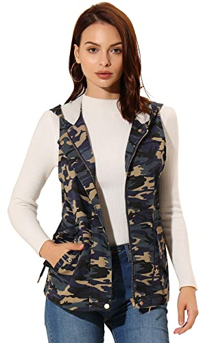 Allegra K Women's Camo Vest Hooded Drawstring Waist Cargo Sleeveless Jacket Small Blue
