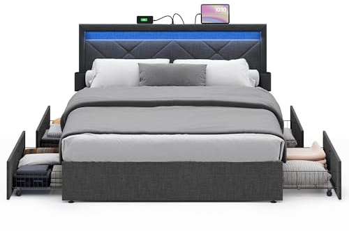VASAGLE LED Bed Frame Queen Size, Queen Bed with Headboard and 4 Drawers, 1 USB Port and 1 Type C Port, Adjustable Upholstered Headboard 36.7/39.3 Inches, No Box Spring Needed, Dark Gray URMB821G71
