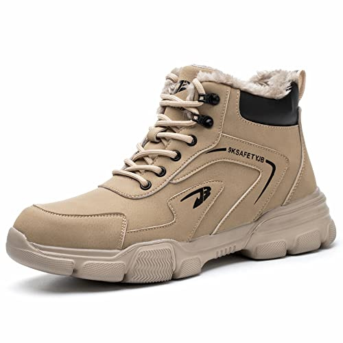 Winter Safety Boots Mens Waterproof Work Shoes Women Steel Toe Cap Trainers Warm Fur Lined Safety Shoes, Beige, UK 9
