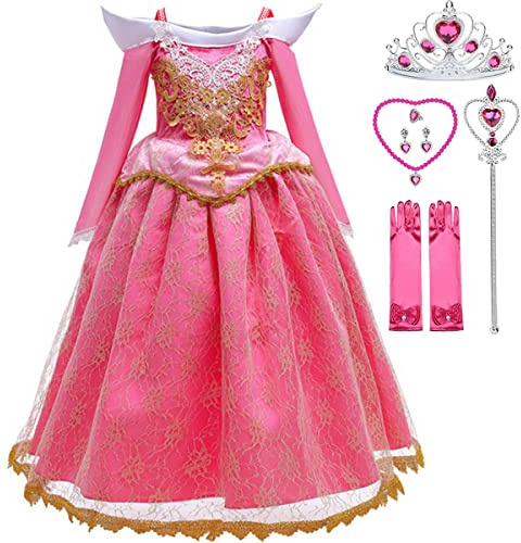 Snyemio Costume Principessa Aurora Bambina Vestito Bella Addormentata Rosa Bimba con Accessori da Festa Natale Halloween Carnevale, 4-5 Anni