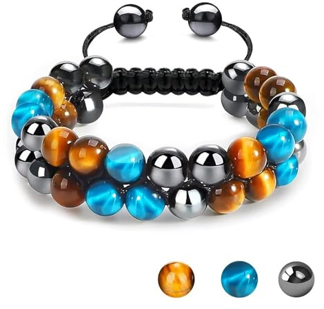 MIDON Tiger Eye Bracelet, Triple Protection Bracelet for Men Women, Handmade Tiger Eye Beads Hematite and Black Obsidian Jewelry Natural Stone Healing Energy Crystal Bracelets