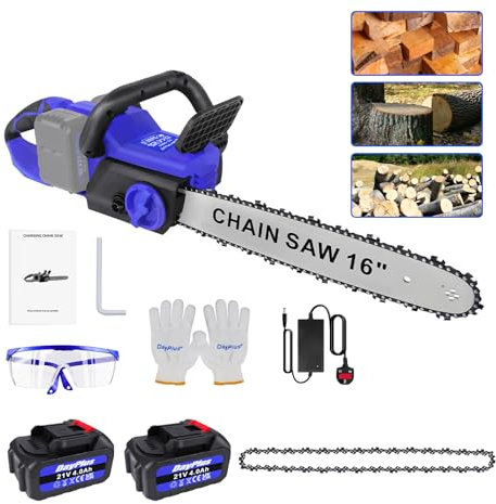 12 Brushless Electric Cordless Chainsaw Power Saw Wood Cutter 2 Battery&Charger, 2x4000MAH Rechargeable Battery, Auto-Tension and Anti-Vibration