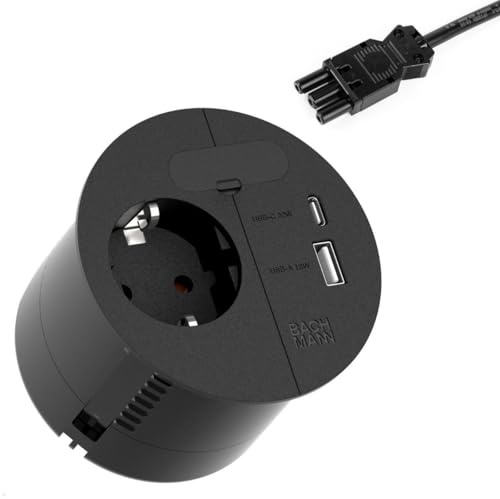 BACHMANN Einbausteckdose Loop IN Charge 1x Steckdose 1x USB A/C 22W mit Kabeldurchführung 0,2m ISV Zuleitung für Büro, Besprechungsraum und Wohnraum Schwarz 938.203