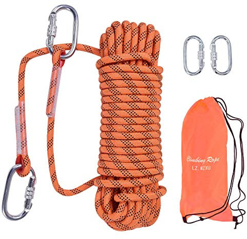 LZ.MZXU Kletterseil 10M 10mm Seil Kletterseil Outdoor Sicherheitsseil Rettungsseil Fallschirm-Seil Nylon Seil mit 2 karabiner für Camping Bergsteigen Outdoor Abenteuer Feuerleiter (Orange)