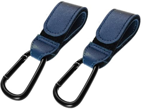 Kinderwagenhaken-Clip, Lederriemenhaken zum Aufhängen von Wickeltaschen, 2 Stück, Universal-Haken für Kinderwagen, Rollstuhl, Auto, Einkaufen und Haustierwagen, Blau