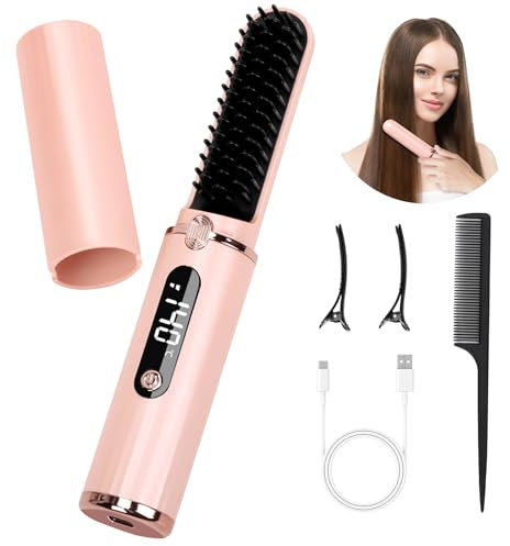 Cordless Hair Straightener Brush, Portable Hot Comb Hair Straightener Negative Ion Hair Straighteners Comb for Women 4 Temperature Beard Straightener Brush USB Rechargeable Anti-Scald Auto-Off
