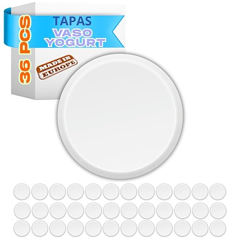 XILMARK 36 x Tapas Yogurt Reutilizables, compatibles con marcas comerciales, Vasos de Cristal para Yogurtera diámetro 56 mm, Tapas de Plástico para Botes Yogurtera, Vasos para Postres.