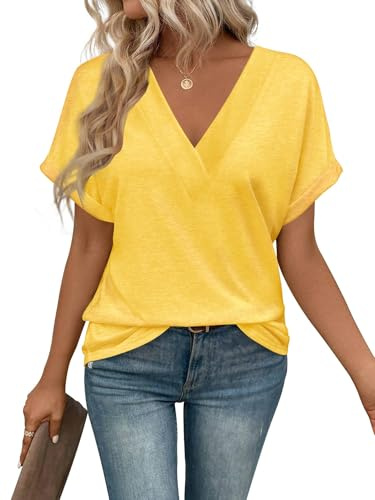Cuptacc Women Tops V Neck Short Sleeve T-Shirts Solid Color Ladies Summer Tops Fashion Dressy Tunic Yellow, Medium M 12-14