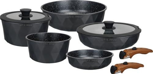 Royal Swiss® Batterie de Cuisine 9 Pièces Induction – Poêles & Casseroles avec Poignées Amovibles – Revêtement Antiadhésif Effet Granit Sans PFAS – Couvercles Verre – Tous Feux