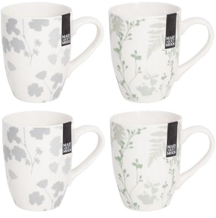 Set of 4 Floral New Bone China Coffee Mugs Afternoon Tea Cups Home Kitchen Grey Green Stencil Design Mug Set
